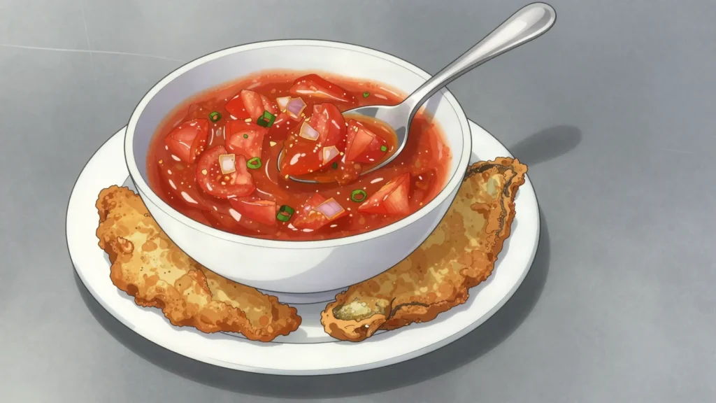 Moyo, fresh tomato-onion-chili sauce spooned over fried fish, Benin sauce & condiment, anime style