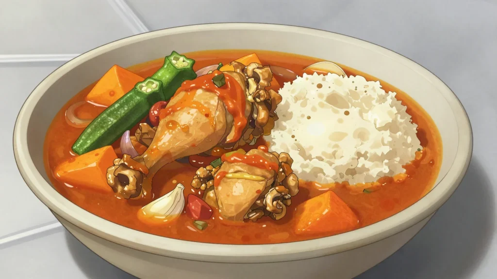 Muamba de galinha, chicken stewed in red palm oil with okra and garlic; national dish, Angola soup & stew, anime style