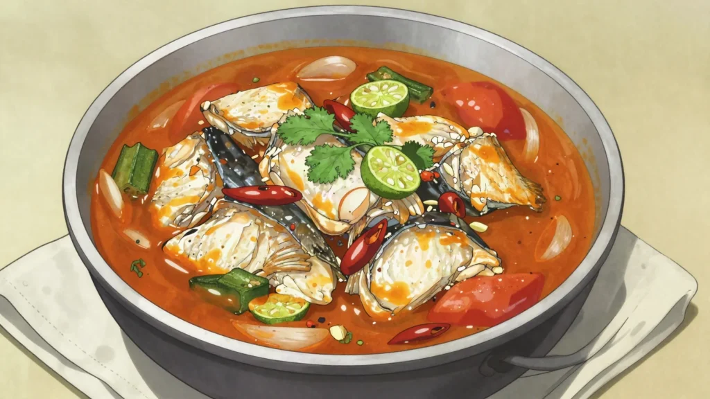 Muamba de peixe, fish stewed in palm oil with okra, garlic and chilli, Angola soup & stew, anime style