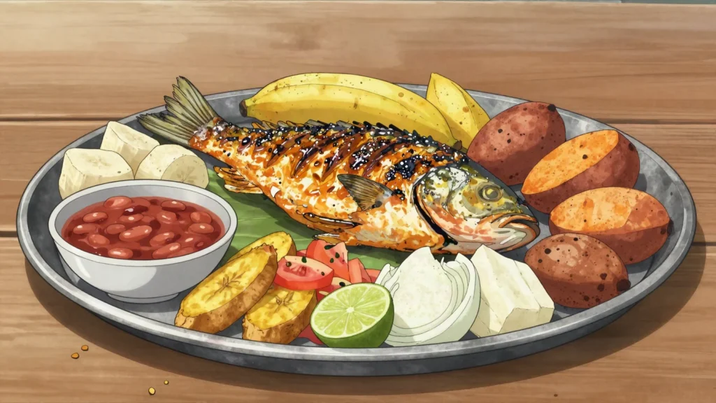 Mufete, luanda grill feast of whole fish, palm-oil beans, plantain and cassava, Angola main, anime style