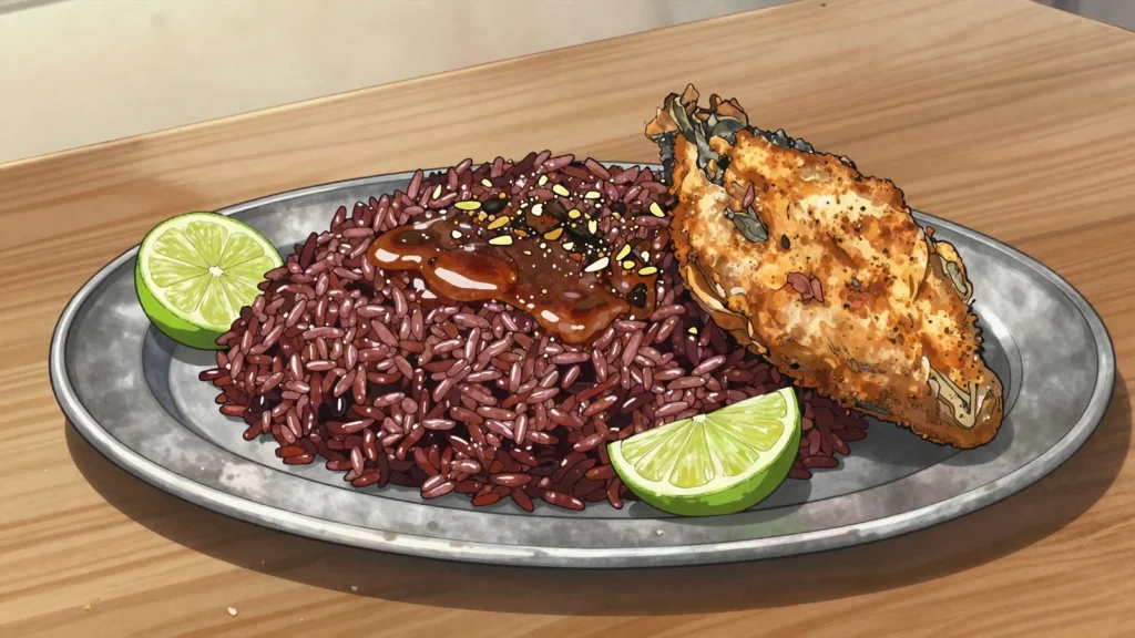 Muhammar, sweet rice cooked with date syrup and saffron, served with fried fish, Qatar main, anime style