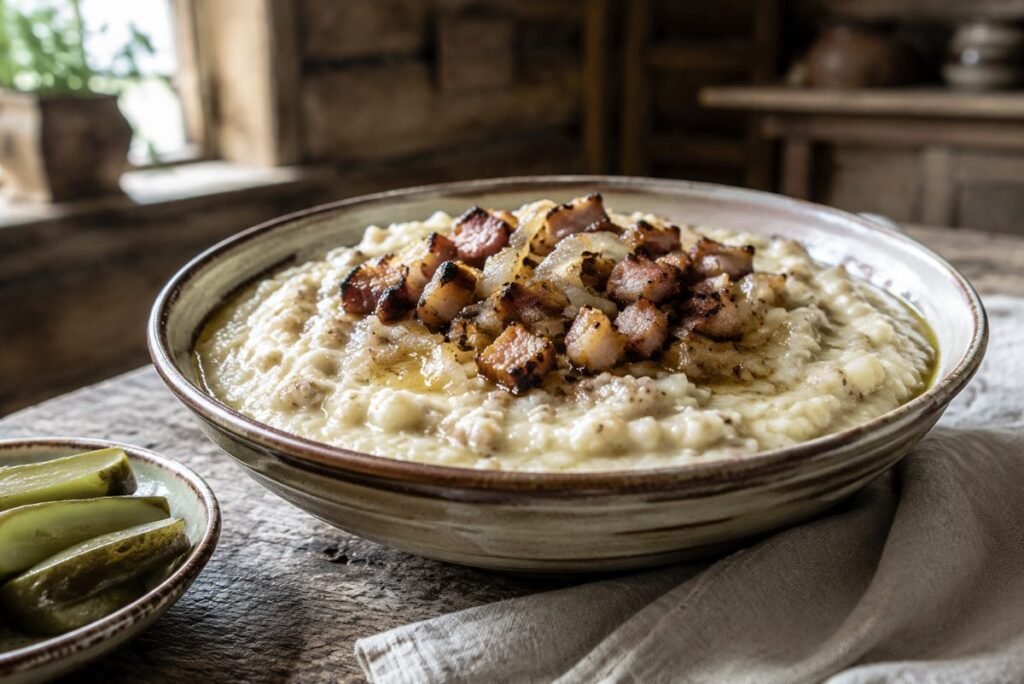 Mulgipuder, barley-potato mash with smoked bacon, Mulgimaa pride, Estonia main, anime style