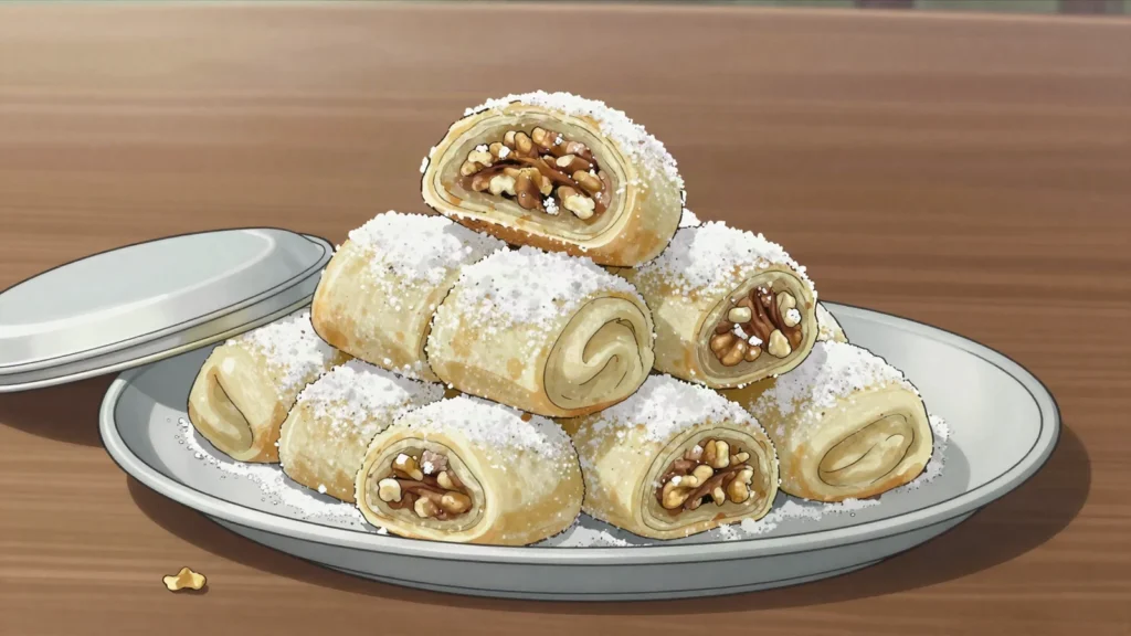 Mutaki, small rolled pastries stuffed with walnut and sugar, dusted with icing sugar, Azerbaijan dessert, anime style