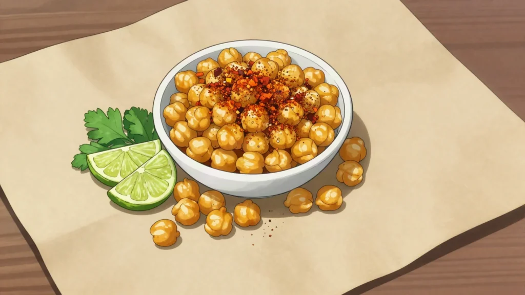 Nakhi, boiled chickpeas with cumin and lime, sold hot in paper cones, United Arab Emirates snack, anime style