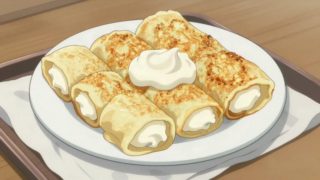 Nalistniki, thin crepes rolled around curd cheese, Belarus breakfast, anime style