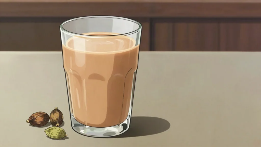 Ngaja, sweet milk tea boiled with sugar, the everyday alternative to butter tea, Bhutan drink, anime style