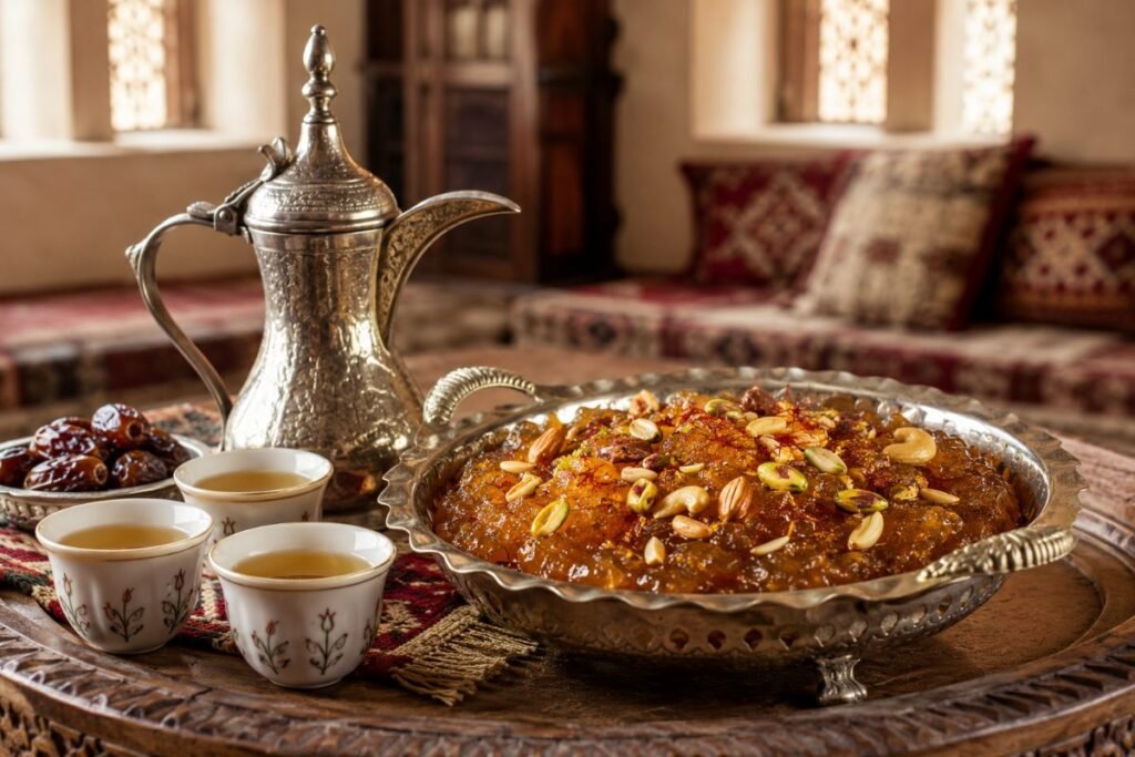 Omani halwa, glossy saffron-rosewater confection stirred for hours in copper vats, Oman dessert, anime style