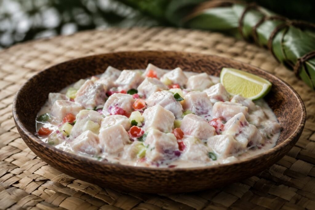 ʻOta ʻIka, raw fish in citrus and coconut cream with cucumber and tomato, Tonga main, anime style