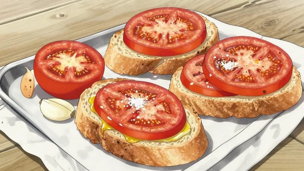 Pa amb tomaquet, bread rubbed with ripe tomato, oil and salt, base of every meal, Andorra breakfast, anime style