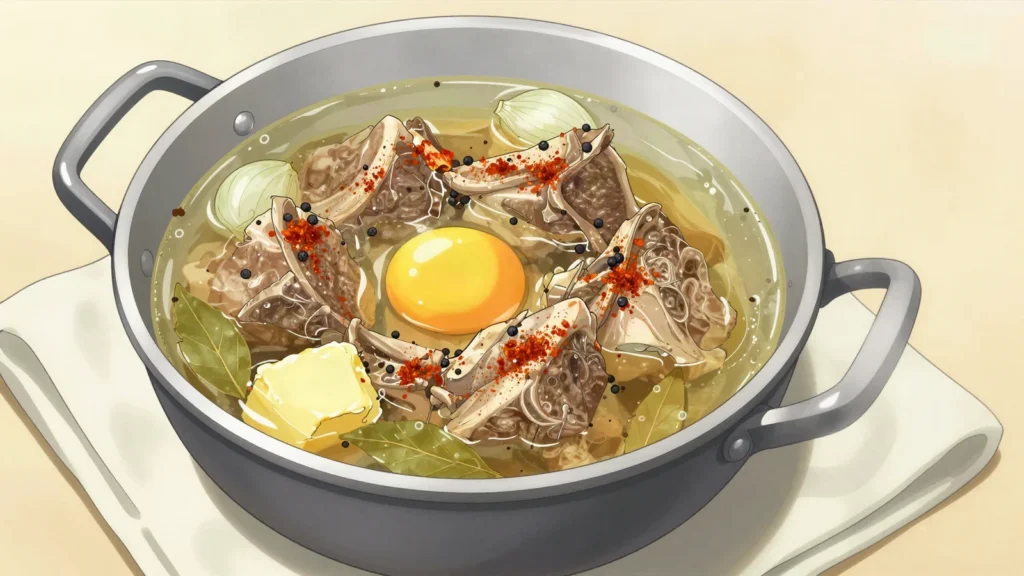 Paçe, peppery head-meat soup, famed hangover cure, Albania soup & stew, anime style