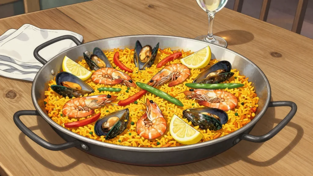 Paella, valencian saffron rice cooked flat with rabbit, chicken or seafood, Spain main, anime style