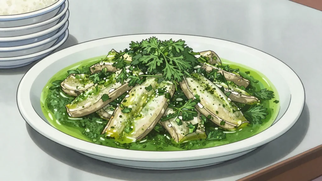 Paling in 't groen, river eel poached in a green sauce of sorrel, chervil and spinach, Belgium main, anime style