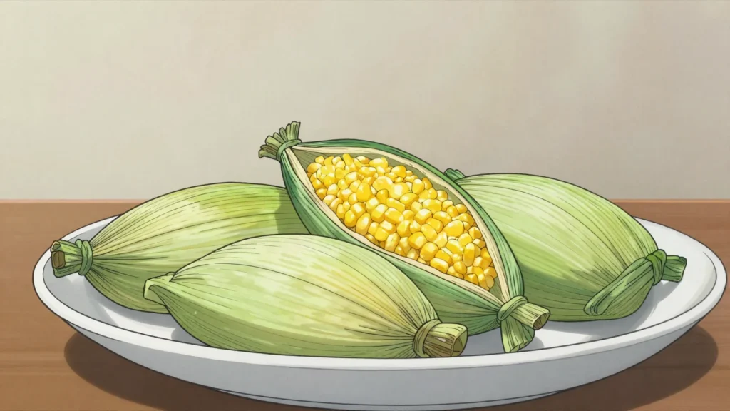 Pamonha, fresh corn paste steamed in husks, sweet or savory, Brazil snack, anime style