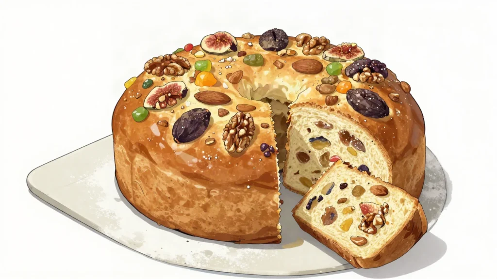 Pan dulce, domed Christmas bread studded with candied fruit and nuts, Argentina bread & pastry, anime style