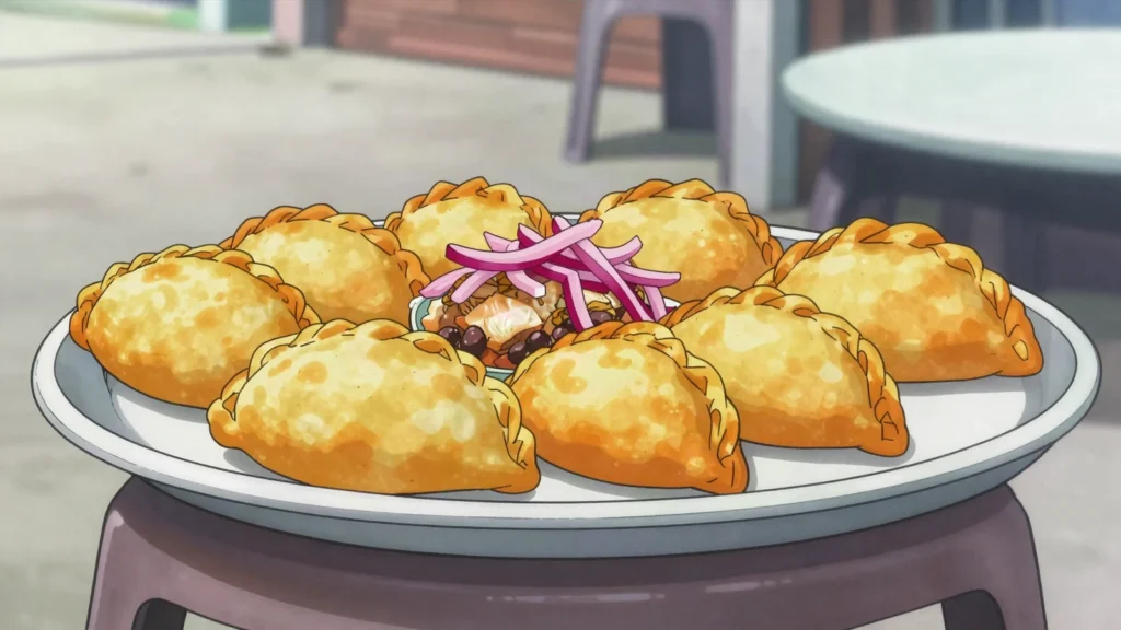Panades, fried corn empanadas stuffed with fish or beans, Belize street food, anime style