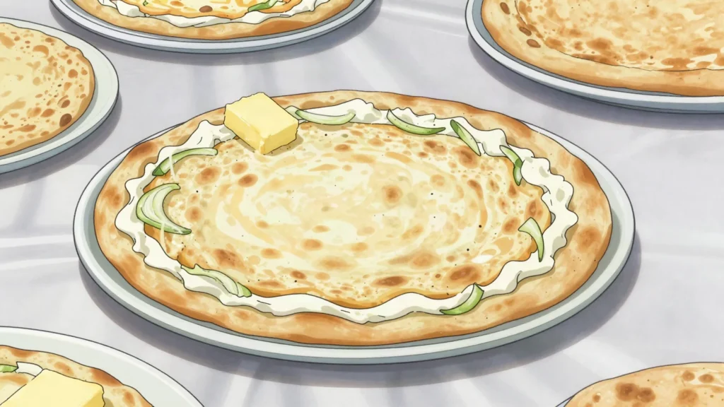 Panrkhash, stale lavash layered with cheese and butter, baked until soft and stringy, Armenia main, anime style