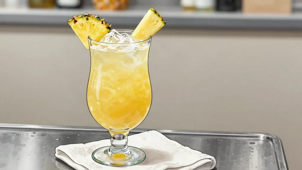 Panty Ripper, coconut rum poured over ice with pineapple juice, Belize cocktail, anime style