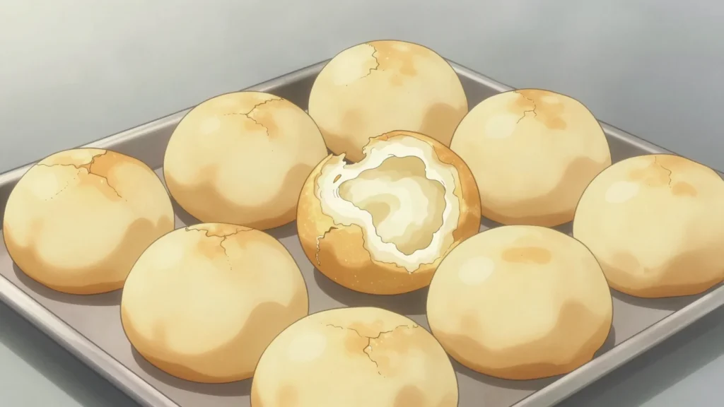 Pão de queijo, chewy cassava-and-cheese puffs from Minas, breakfast standard, Brazil bread & pastry, anime style