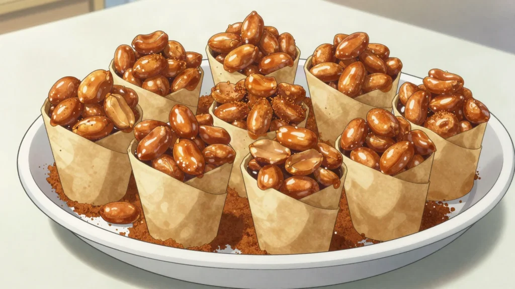 Paracuca, caramelized peanuts sold in paper cones on the street, Angola snack, anime style