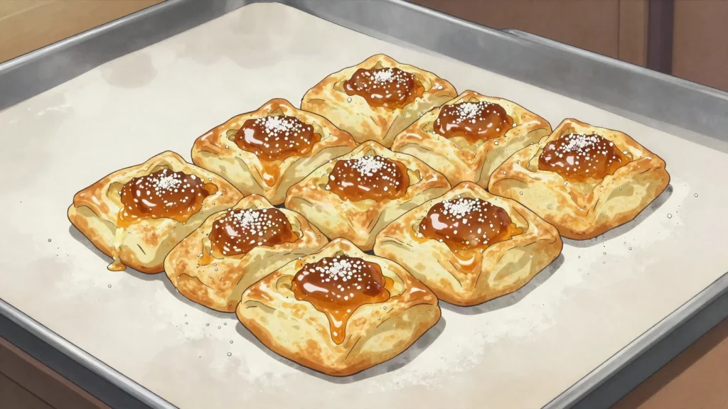 Pastelitos, fried laminated squares with quince, syrup-glazed; patriotic holidays, Argentina bread & pastry, anime style