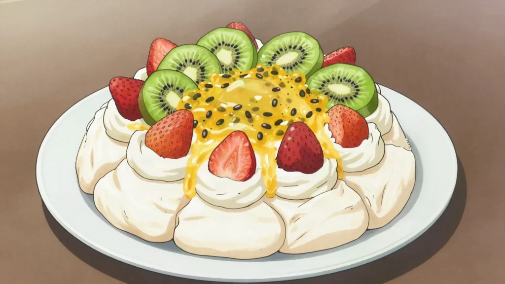 Pavlova, meringue cake with whipped cream and kiwifruit, hotly claimed from Australia, New Zealand dessert, anime style