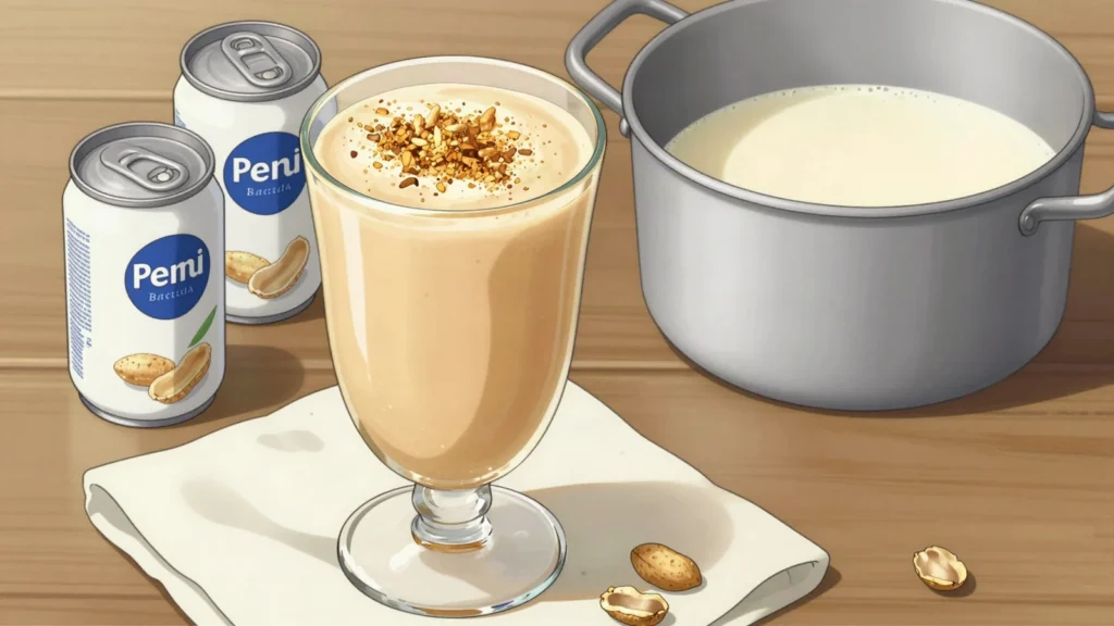 Peanut punch, creamy blended peanut drink with milk and nutmeg, Antigua and Barbuda drink, anime style