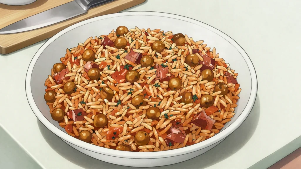 Peas n' rice, pigeon peas and rice with thyme and salt pork, Bahamas salad & side, anime style