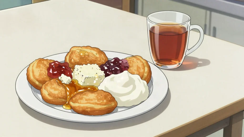Petulla, fried dough served with honey, feta or jam, Albania breakfast, anime style