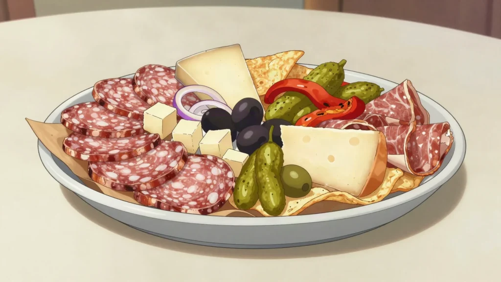 Picada, board of salami, cheese, olives and crisps shared before dinner, Argentina snack, anime style