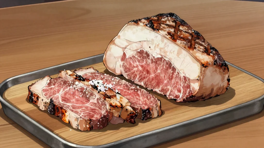 Picanha, rump cap grilled with the fat cap on, sliced thick at churrascarias, Brazil main, anime style