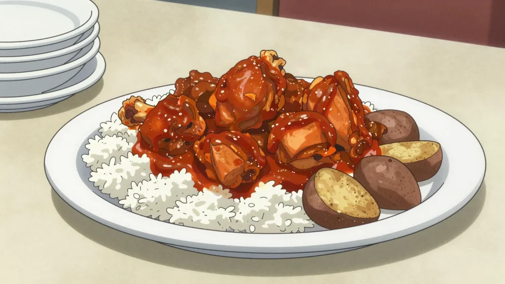 Picante de pollo, chicken in fiery red ají sauce with chuño and rice, Bolivia main, anime style