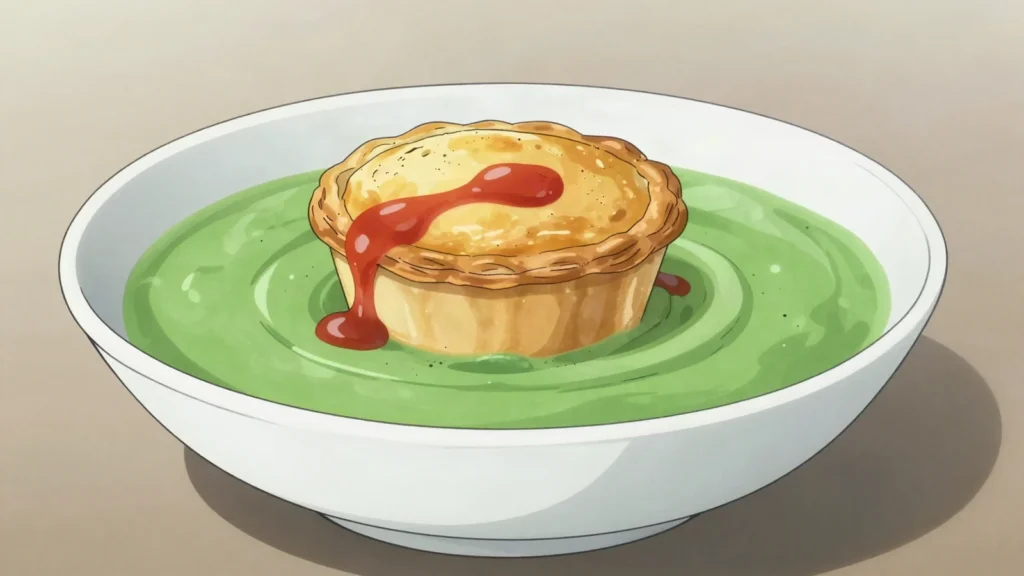 Pie Floater, meat pie capsized in a bowl of thick green pea soup with tomato sauce, Australia street food, anime style