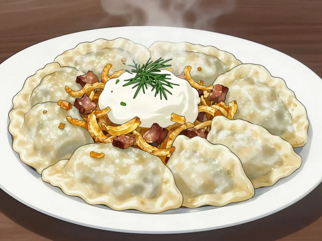 Pierogi, half-moon dumplings: potato-cheese ruskie, meat, cabbage, or berries, Poland main, anime style