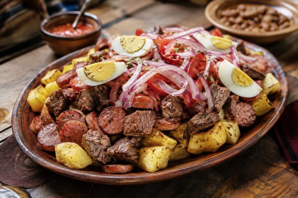 Pique macho, beef chunks and sausage over fries with chilies and egg, Cochabamba, Bolivia main, anime style