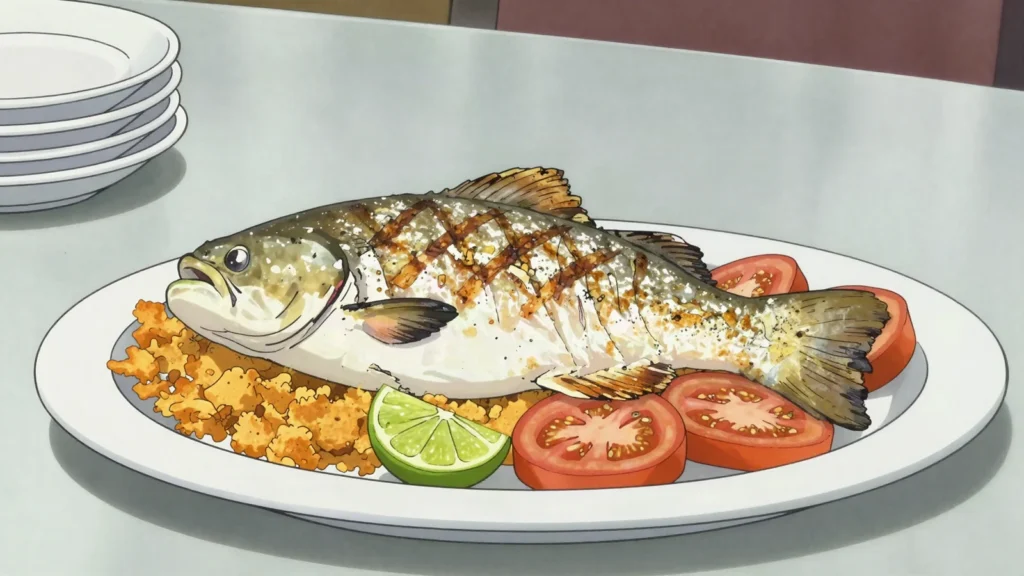 Pirarucu, giant Amazon fish, salted and dried or grilled fresh with cassava, Brazil main, anime style