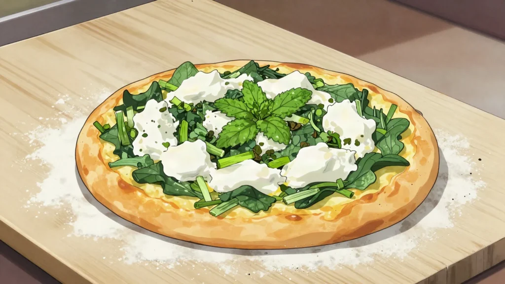 Pispili, cornbread baked with leeks, spinach and fresh gjizë curd, Albania bread & pastry, anime style