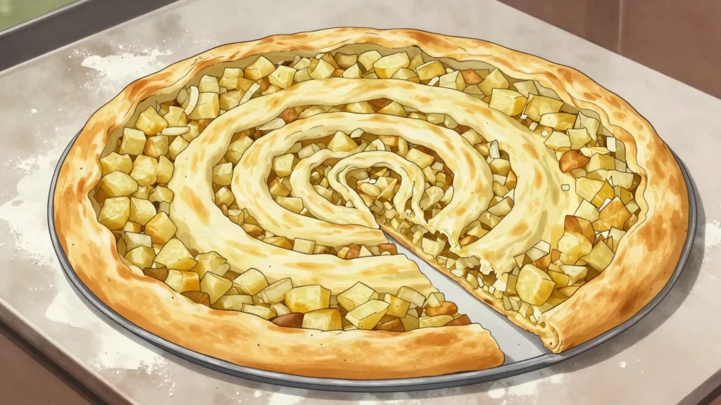 Pita krompiruša, coiled hand-stretched pastry filled with potato and, Bosnia and Herzegovina bread & pastry, anime style
