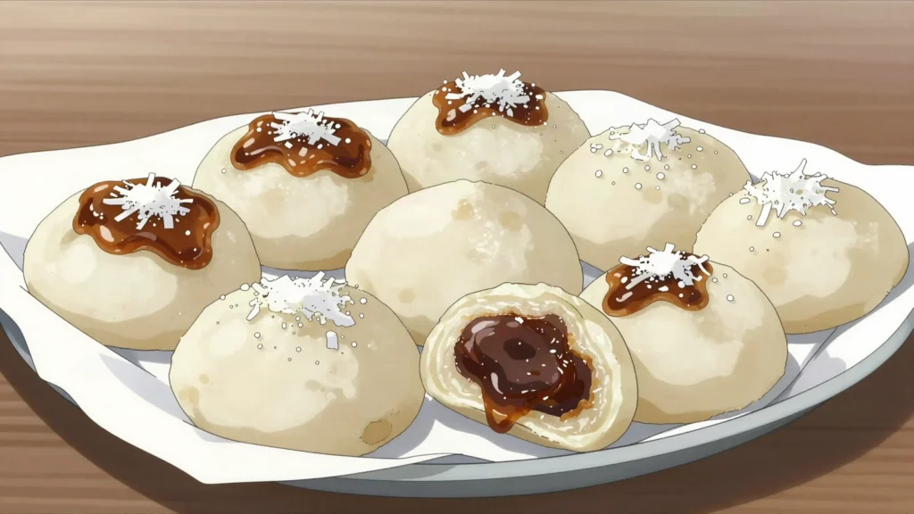 Pitha, winter rice cakes steamed or fried with date molasses and coconut, Bangladesh snack, anime style