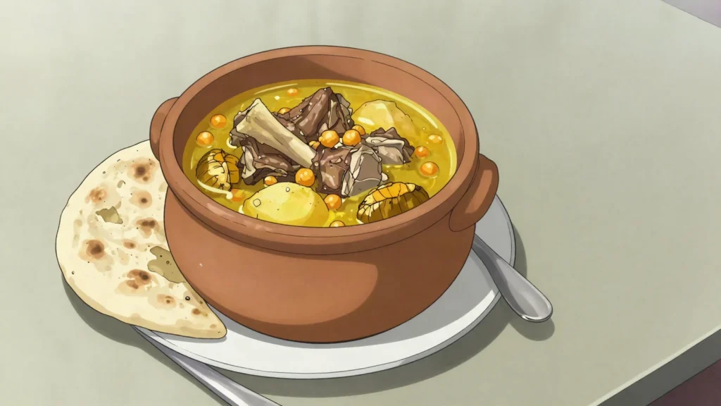 Piti, lamb, chickpeas and chestnuts baked in individual clay crocks; Sheki pride, Azerbaijan soup & stew, anime style