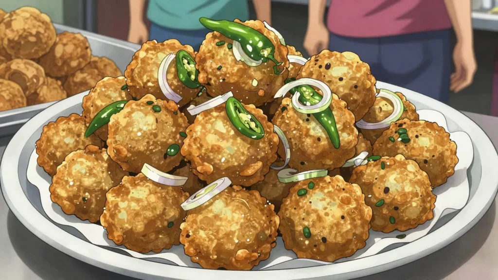 Piyaju, fritters of ground lentils and sliced onion, fried crisp and salty, Bangladesh street food, anime style