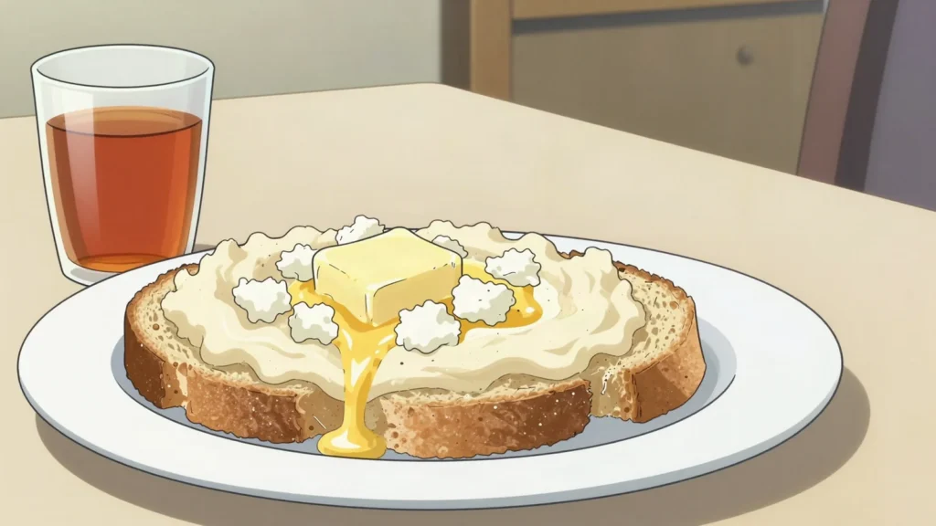 Popara, bread soaked in milk or water with cheese and butter, stirred hot, Montenegro breakfast, anime style