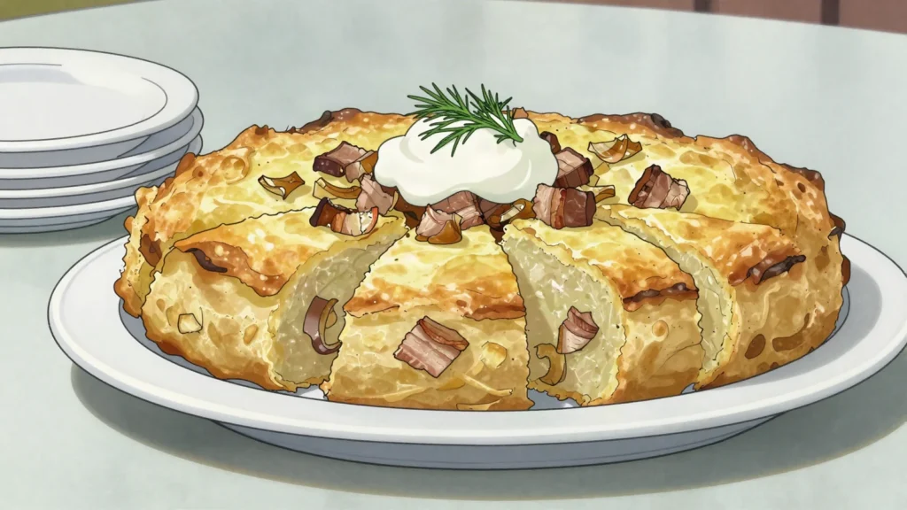Potato babka, grated potato baked with pork belly and onions, Belarus main, anime style