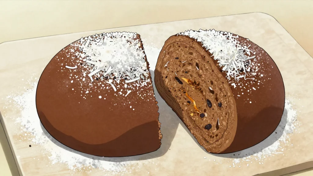 Powder bun, dense sweet coconut and spice bun sold from bakery windows, Belize bread & pastry, anime style