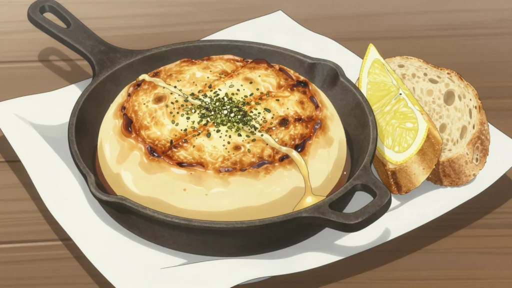 Provoleta, provolone round grilled molten and crusty, the asado opener, Argentina snack, anime style
