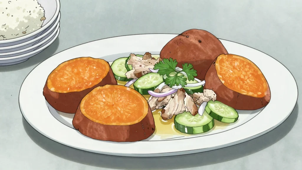 Pudding and souse, pickled pork with steamed sweet-potato pudding, Saturday ritual, Barbados main, anime style
