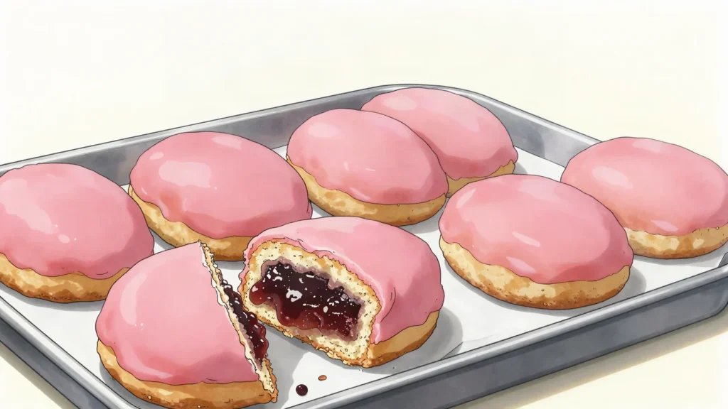 Punschkrapfen, pink-glazed cube of cake crumbs soaked in rum, jam and chocolate, Austria dessert, anime style