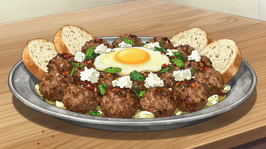 Qofte, fried herbed meatballs, often with feta and bread, Albania main, anime style