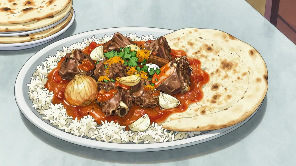 Qorma, onion-based braise of meat or vegetables, eaten with rice or naan, Afghanistan main, anime style