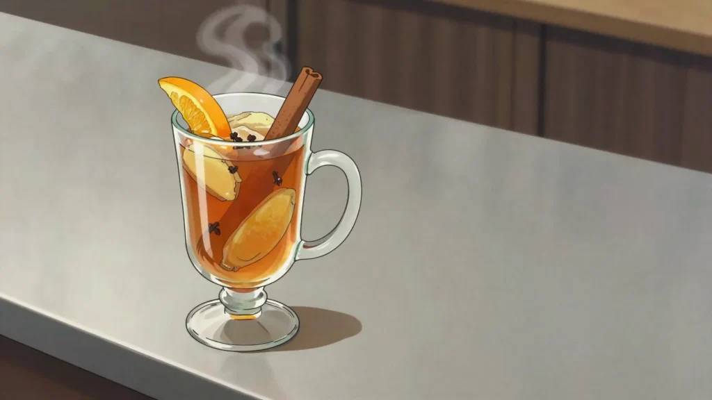 Quentão, hot cachaça mulled with ginger, cloves, cinnamon and sugar, Brazil cocktail, anime style