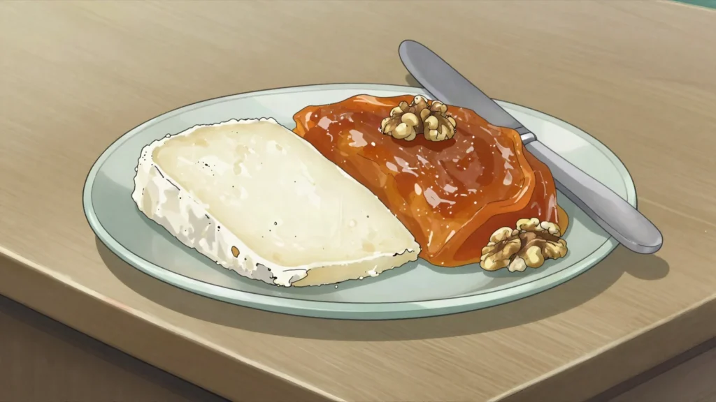 Queso y dulce, slice of fresh cheese with quince or sweet-potato paste, Argentina dessert, anime style